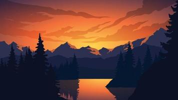 Ilustración de paisaje al atardecer con montaña y bosque de pinos vector