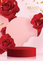 3d podium red rose background. vector