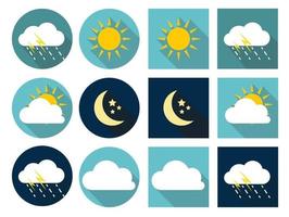 iconos del tiempo con sol, nubes, lluvia y luna en estilo plano vector