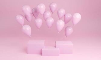 Representación 3D de globos de color rosa con fondo de podio de caja foto