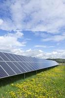 Estación de energía solar en la pradera de flores de primavera foto