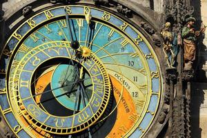 Detalle del histórico reloj astronómico medieval en Praga en el antiguo ayuntamiento, República Checa