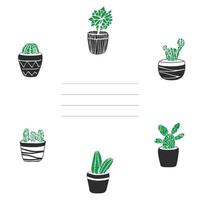 Tarjeta y cubierta con cactus dibujados a mano lindo vector en macetas para diseño