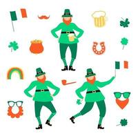 St Patricks Day set with flat leprechauns and mug of beer vector