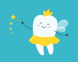 Children tooth fairy. Cute tooth with wings, a crown and a magic wand vector