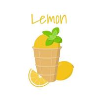 Lemon Ice Cream in Waffle Cup with Lemon and Mint Leaves vector