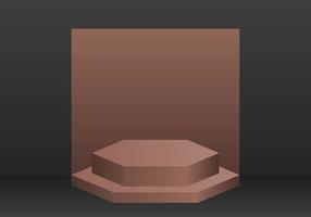 3d brown hexagonal podium on black background. product display award vector