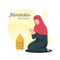 Ramadán Kareem con personaje de hijab de mujer rezando a Dios. vector
