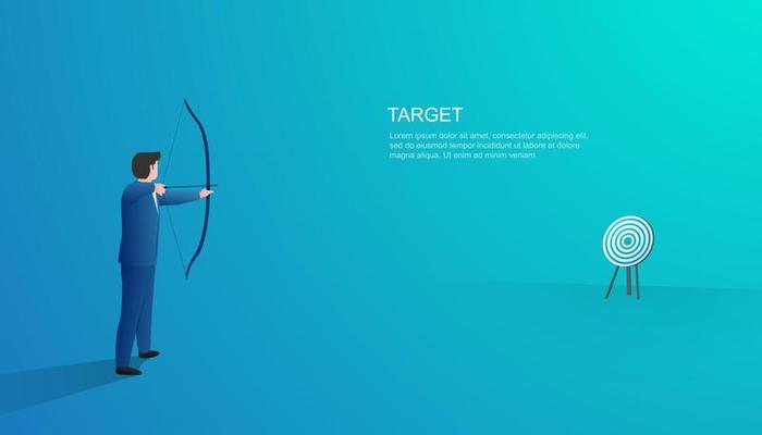 Businessman shooting a bow and arrow isolated on blue background.