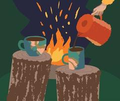 Pouring hot beverage in the forest near the fire vector