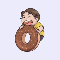 Cute boy eating big donut illustration vector