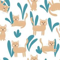 Cat and leaves seamless pattern vector illustration