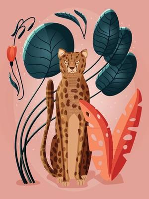 Portrait of a cheetah on pink background surrounded with plants