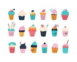 Large set of colorful cupcakes in the style of flat doodles. vector