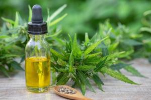 CBD oil hemp products, Medicinal cannabis with extract oil in a bottle on a wooden table. Medical cannabis concept photo
