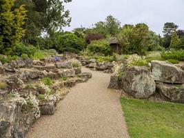 Path through a rock garden with plants and trees photo