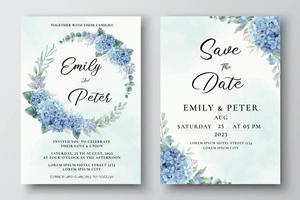 Plantilla de invitación de boda con flores de hortensia azul vector