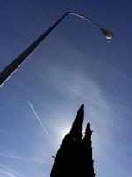 Tree and lamppost against light and a plane in the sky, Madrid, Spain photo