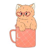 melocotón gato feliz se sienta en la taza estampada vector