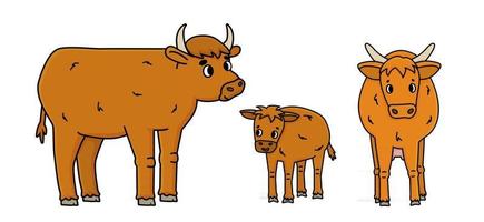 Vector brown doodle outline father bull ox, mother cow and calf