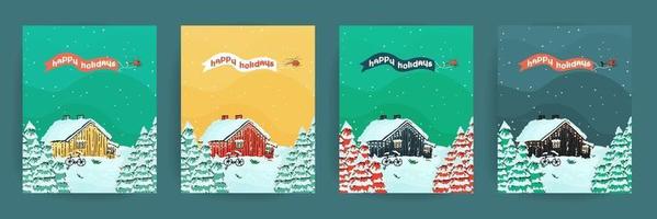 Set of blue, yellow, pink, green cards with wooden houses vector