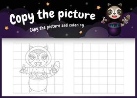 Copie la imagen del juego para niños y la página para colorear con un lindo mapache vector