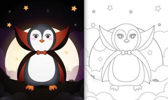 libro para colorear con un lindo pingüino usando disfraz drácula halloween vector