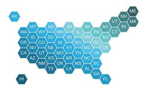 mapa político de los estados unidos de américa dividido por estado geometría hexagonal colorida. vector