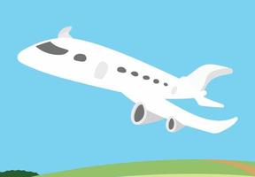 White Airplane Flying over City with a green park below and blue sky in background. vector