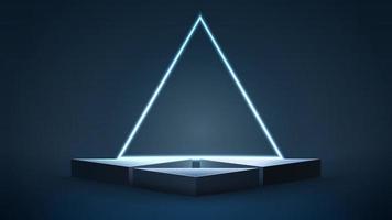 Empty blue triangular podiums with neon triangular frame vector