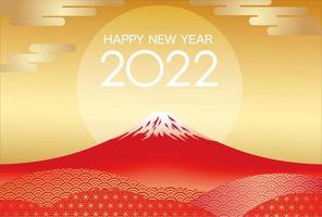 Plantilla de tarjeta de año nuevo 2022 con mt rojo. fuji y el sol naciente. vector