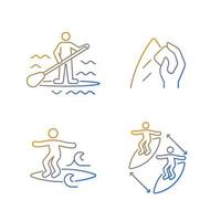 Riding waves in ocean gradient linear vector icons set