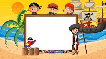 Plantilla de banner vacío con niños piratas en la escena del atardecer en la playa vector