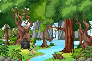 Nature scene with stream flowing through the forest with wild animals vector