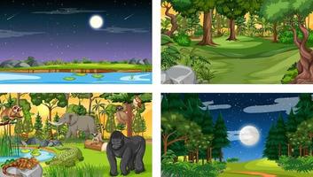 Conjunto de escena horizontal de bosque diferente con varios animales salvajes vector