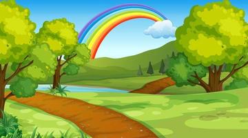 Fondo de escena de parque natural con arco iris en el cielo vector