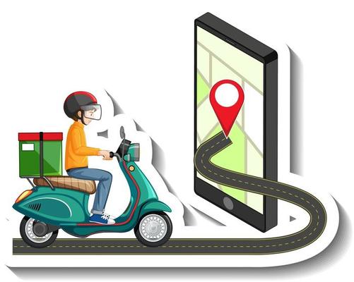 A sticker template with delivery man riding scooter