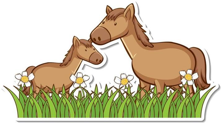 Two horses in grass field with many flowers sticker