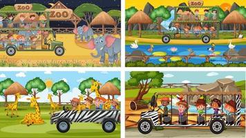 Conjunto de diferentes animales en escenas de safari con niños. vector