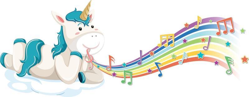 Cute unicorn laying on the cloud with melody symbols on rainbow