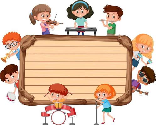 Empty wooden board with kids playing different musical instruments