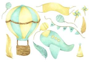 Watercolor flying set. Air balloon, airplane, balloon and feather. vector