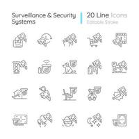 Conjunto de iconos lineales de sistemas de vigilancia y seguridad. vector