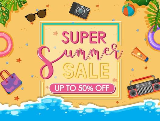 Super Summer Sale text banner with beach items