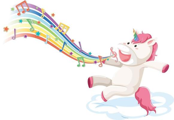 Cute unicorn jumping on the cloud with melody symbols on rainbow
