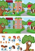 Park scene set with many kids doodle cartoon character isolated vector