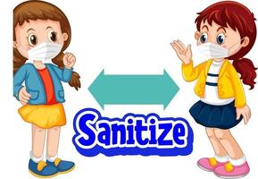 Sanitize font with two kids keeping social distance isolated vector