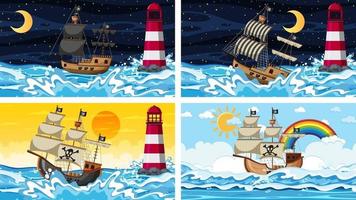 Conjunto de océano con barco pirata en escenas de diferentes momentos. vector