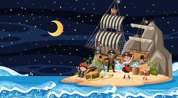 escena de la isla del tesoro en la noche con niños piratas vector