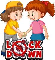 Lock Down font in with two kids do not keep social distance isolated vector